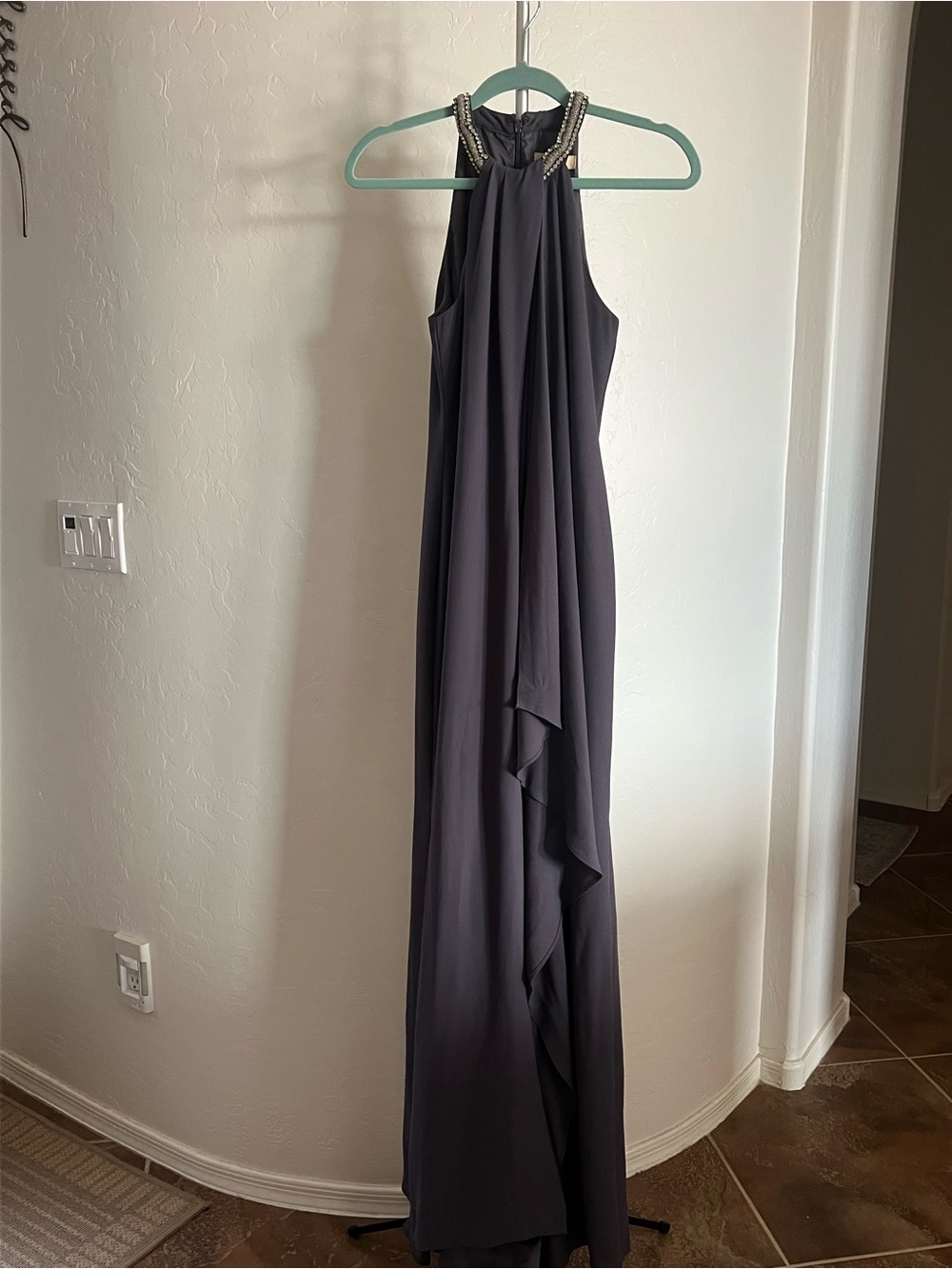 Aidan Mattox Charcoal Beaded Halter Maxi Dress